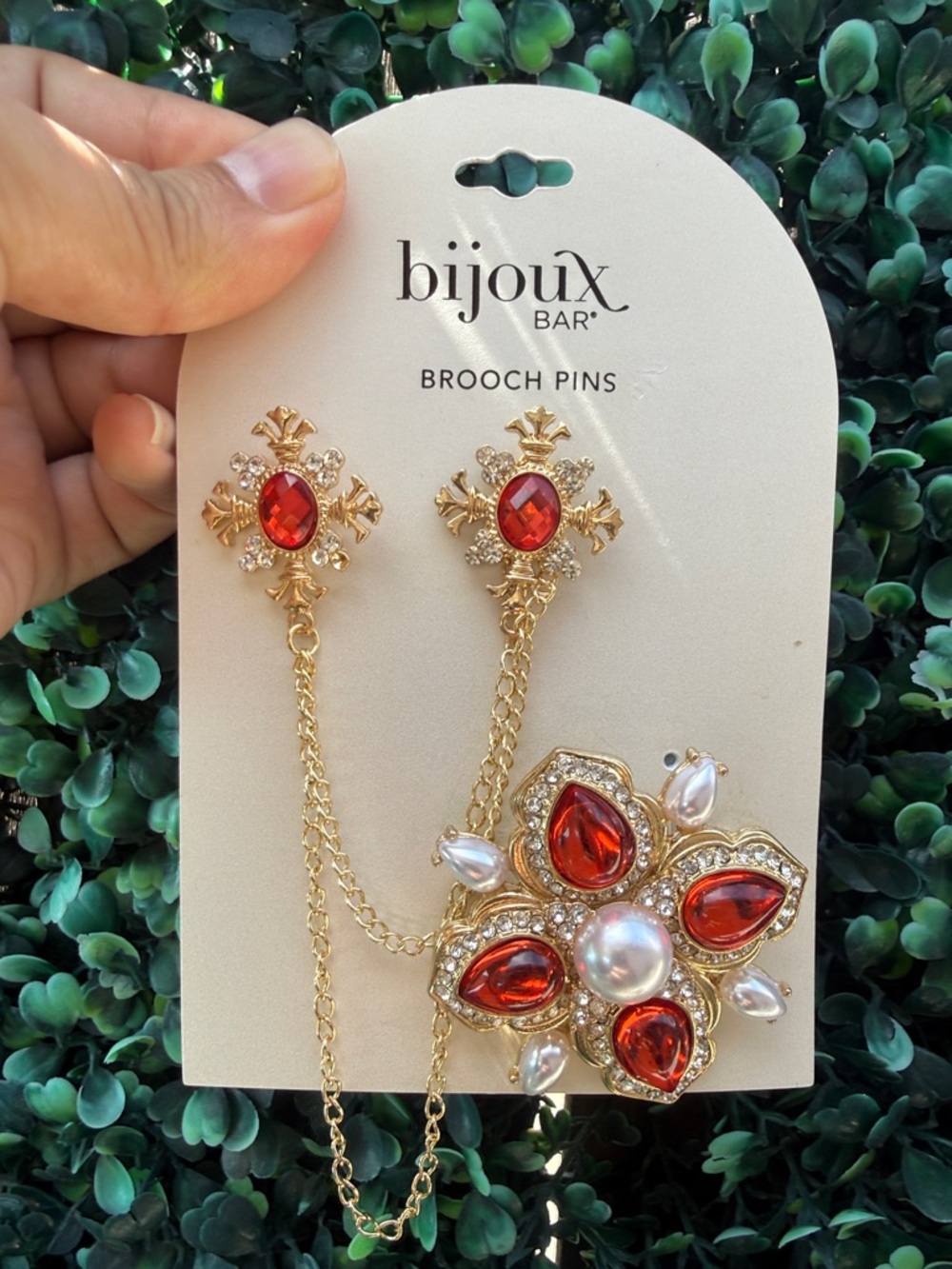 Gold-Tone Red Orange Crystal & Pearl Statement Brooch Pins Set of 2
